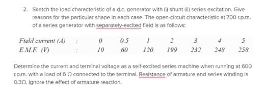 2. Sketch the load characteristic of a d.c. generator with() shunt (ii) series excitation. Give
reasons for the particular shape in each case. The open-circuit characteristic at 700 r.p.m.
of a series generator with separately-excited field is as follows:
Field current (A):
EME (V)
0
10
0.5
60
1
2
120 199
3
232 248
3
258
Determine the current and terminal voltage as a self-excited series machine when running at 600
r.p.m. with a load of 60 connected to the terminal. Resistance of armature and series winding is
0.30. Ignore the effect of armature reaction.