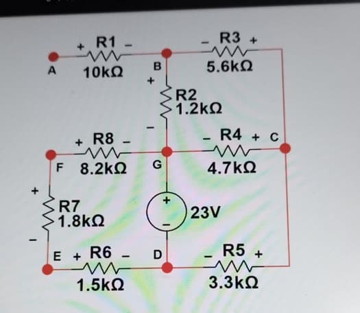 +
A
F
R1 -
10kΩ
+ R8
8.2ΚΩ
3R7
1.8ΚΩ
-
E + R6
-
1.5ΚΩ
Β
G
+
D
-
R3 +
5.6ΚΩ
R2
· 1.2ΚΩ
-
R4 + C
w
4.7ΚΩ
23V
R5 +
Μ
3.3ΚΩ