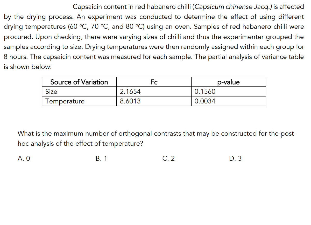 Capsaicin content in red habanero chilli (Capsicum chinense Jacq.) is affected
by the drying process. An experiment was conducted to determine the effect of using different
drying temperatures (60 °C, 70 °C, and 80 °C) using an oven. Samples of red habanero chilli were
procured. Upon checking, there were varying sizes of chilli and thus the experimenter grouped the
samples according to size. Drying temperatures were then randomly assigned within each
8 hours. The capsaicin content was measured for each sample. The partial analysis of variance table
is shown below:
group
for
Source of Variation
Fc
p-value
Size
2.1654
0.1560
Temperature
8.6013
0.0034
What is the maximum number of orthogonal contrasts that may be constructed for the post-
hoc analysis of the effect of temperature?
A. 0
В. 1
C. 2
D. 3
