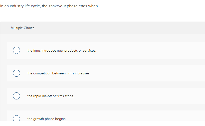 In an industry life cycle, the shake-out phase ends when
Multiple Choice
O the firms introduce new products or services.
O the competition between firms increases.
O the rapid die-off of firms stops.
the growth phase begins.