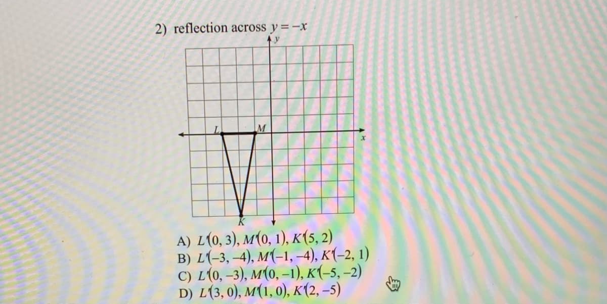 2) reflection across y=-x
y
M
A) L(0, 3), M(0, 1), K(5, 2)
B) L(-3, –4), M(-1, –4), K(-2, 1)
C) L(0, –3), M(0, –-1), K(-5, –2)
D) L(3, 0), M(1, 0), K(2, –5)
