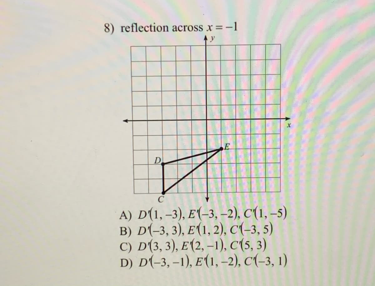 8) reflection across x =-1
y
D.
A) D(1, –3), E(-3, –2), C'(1, –5)
B) D(-3, 3), E(1, 2), C'(-3, 5)
C) D(3, 3), E(2, -1), C'(5, 3)
D) D(-3, –1), E(1, –2), C(-3, 1)
