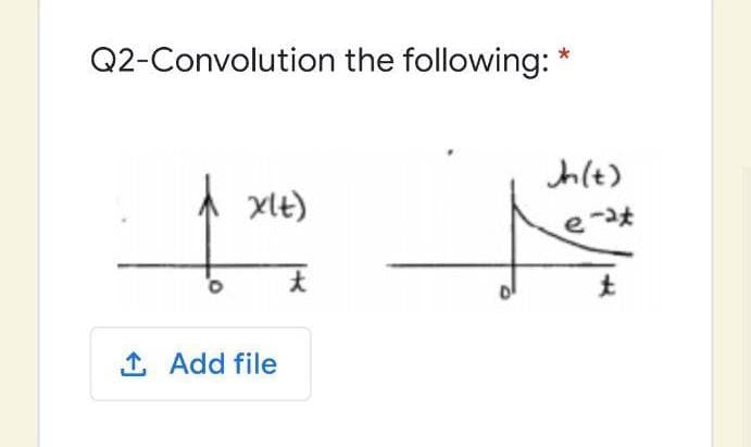 Q2-Convolution the following: *
h(t)
A xlt)
1 Add file
