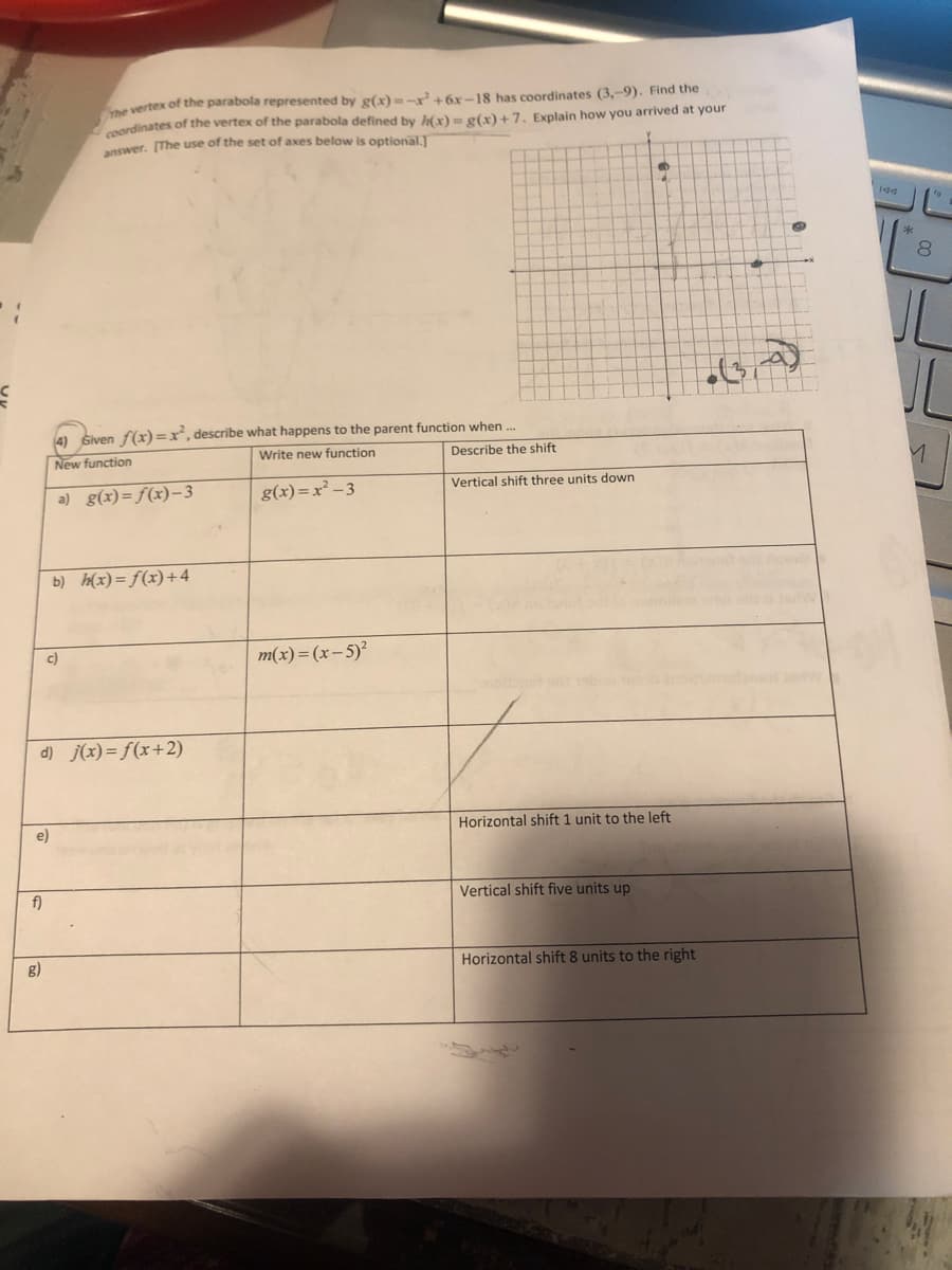 vertex of the parabola represented by g(x)=-x+6x-18 has coordinates (3,-9). Find the
ordinates of the vertex of the parabola defined by h(x) = g(x)+7, Explain how you arrived at your
answer. (The use of the set of axes below is optional.)
8.
IL
4) Given f(x) =x², describe what happens to the parent function when .
Write new function
Describe the shift
New function
Vertical shift three units down
a) g(x)= f(x)-3
g(x)=x² – 3
b) h(x)= f(x)+4
c)
m(x)=(x-5)²
d) j(x)= f(x+2)
Horizontal shift 1 unit to the left
e)
f)
Vertical shift five units up
g)
Horizontal shift 8 units to the right
