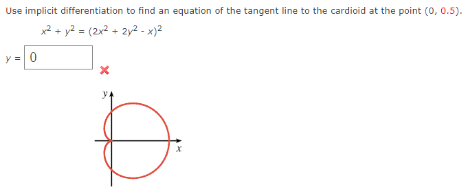 Use implicit differentiation to find an equation of the tangent line to the cardioid at the point (0, 0.5).
x² + y² = (2x² + 2y² - x)²
y = 0
X
B
X