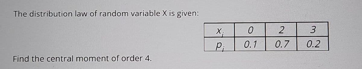 The distribution law of random variable X is given:
Find the central moment of order 4.
X.
P;
0
2
0.1 0.7
3
0.2