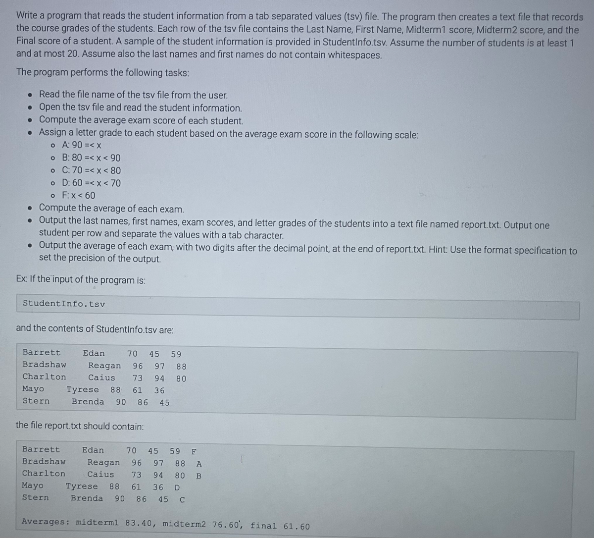 Write a program that reads the student information from a tab separated values (tsv) file. The program then creates a text file that records
the course grades of the students. Each row of the tsv file contains the Last Name, First Name, Midterm1 score, Midterm2 score, and the
Final score of a student. A sample of the student information is provided in StudentInfo.tsv. Assume the number of students is at least 1
and at most 20. Assume also the last names and first names do not contain whitespaces.
The program performs the following tasks:
. Read the file name of the tsv file from the user.
• Open the tsv file and read the student information.
• Compute the average exam score of each student.
• Assign a letter grade to each student based on the average exam score in the following scale:
。 A: 90=<x
o F:x < 60
• Compute the average of each exam.
• Output the last names, first names, exam scores, and letter grades of the students into a text file named report.txt. Output one
student per row and separate the values with a tab character.
• Output the average of each exam, with two digits after the decimal point, at the end of report.txt. Hint: Use the format specification to
set the precision of the output.
Ex: If the input of the program is:
o B: 80 =< x < 90
o
C: 70 =< x < 80
o
D: 60 =< x < 70
Student Info.tsv
and the contents of StudentInfo.tsv are:
Barrett Edan 70 45 59
Bradshaw Reagan 96 97 88
Charlton
73 94 80
Caius
Tyrese 88 61 36
Brenda 90 86 45
Mayo
Stern
the file report.txt should contain:
Barrett
Bradshaw
Charlton
Mayo
Stern
Edan 70 45 59 F
Reagan 96 97 88 A
Caius 73 94 80 B
Tyrese 88 61 36 D
Brenda 90 86 45 C
Averages: midterm1 83.40, midterm2 76.60', final 61.60