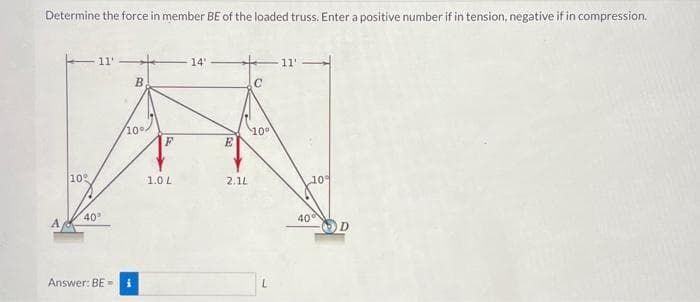 Determine the force in member BE of the loaded truss. Enter a positive number if in tension, negative if in compression.
A
10%
11'
40°
Answer: BE-
B
10°
1.0 L
14'
E
2.1L
C
8
11'
10%
40°