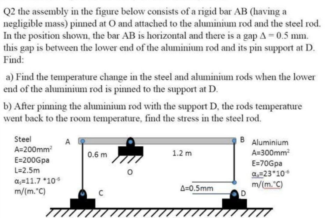 Q2 the assembly in the figure below consists of a rigid bar AB (having a
negligible mass) pinned at O and attached to the aluminium rod and the steel rod.
In the position shown, the bar AB is horizontal and there is a gap A = 0.5 mm.
this gap is between the lower end of the aluminium rod and its pin support at D.
Find:
a) Find the temperature change in the steel and aluminium rods when the lower
end of the aluminium rod is pinned to the support at D.
b) After pinning the aluminium rod with the support D, the rods temperature
went back to the room temperature, find the stress in the steel rod.
Steel
B
A
A=200mm?
Aluminium
0.6 m
1.2 m
A=300mm?
E=200Gpa
E=70Gpa
a=23*106
m/(m. C)
D
L=2.5m
a,=11.7 *106
m/(m. C)
A=0.5mm
