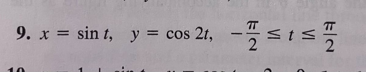 TT
9. x = sin t, y = cos 2t,
%3D
%3D
10
