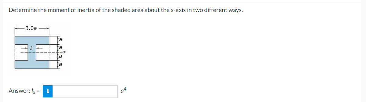 Determine the moment of inertia of the shaded area about the x-axis in two different ways.
3.0a
fa
Answer: Ix =
i
a4
