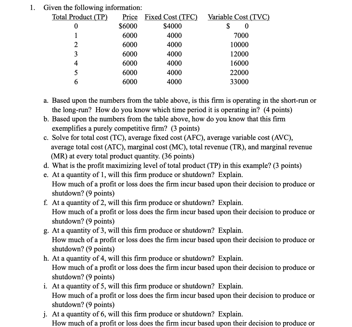 1.
Given the following information:
Total Product (TP)
0
1
2
3
4
5
Price Fixed Cost (TFC)
$6000
$4000
6000
4000
6000
4000
6000
4000
6000
4000
4000
4000
6000
6000
Variable Cost (TVC)
$ 0
7000
10000
12000
16000
22000
33000
a. Based upon the numbers from the table above, is this firm is operating in the short-run or
the long-run? How do you know which time period it is operating in? (4 points)
b. Based upon the numbers from the table above, how do you know that this firm
exemplifies a purely competitive firm? (3 points)
c. Solve for total cost (TC), average fixed cost (AFC), average variable cost (AVC),
average total cost (ATC), marginal cost (MC), total revenue (TR), and marginal revenue
(MR) at every total product quantity. (36 points)
d. What is the profit maximizing level of total product (TP) in this example? (3 points)
e. At a quantity of 1, will this firm produce or shutdown? Explain.
How much of a profit or loss does the firm incur based upon their decision to produce or
shutdown? (9 points)
f. At a quantity of 2, will this firm produce or shutdown? Explain.
How much of a profit or loss does the firm incur based upon their decision to produce or
shutdown? (9 points)
g. At a quantity of 3, will this firm produce or shutdown? Explain.
How much of a profit or loss does the firm incur based upon their decision to produce or
shutdown? (9 points)
h. At a quantity of 4, will this firm produce or shutdown? Explain.
How much of a profit or loss does the firm incur based upon their decision to produce or
shutdown? (9 points)
i. At a quantity of 5, will this firm produce or shutdown? Explain.
How much of a profit or loss does the firm incur based upon their decision to produce or
shutdown? (9 points)
j. At a quantity of 6, will this firm produce or shutdown? Explain.
How much of a profit or loss does the firm incur based upon their decision to produce or