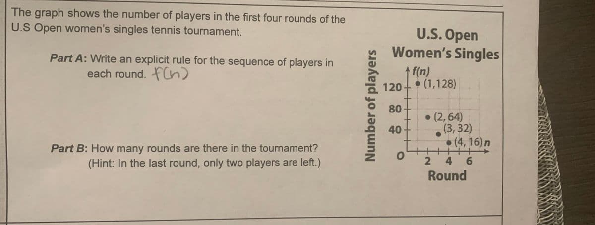 The graph shows the number of players in the first four rounds of the
U.S Open women's singles tennis tournament.
U.S. Open
Women's Singles
Part A: Write an explicit rule for the sequence of players in
each round. fCn)
f(n)
120-• (1,128)
80
• (2,64)
(3,32)
•(4,16)n
十+
2 46
40
Part B: How many rounds are there in the tournament?
(Hint: In the last round, only two players are left.)
Round
Number of players
