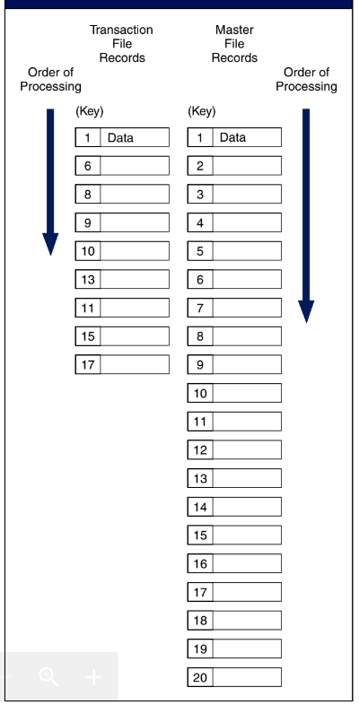 Master
File
Transaction
File
Records
Records
Order of
Order of
Processing
Processing
(Key)
(Key)
1
Data
1
Data
2
8
3
4
10
5
13
6
11
15
8
17
9
10
11
12
13
14
15
16
17
18
19
20
