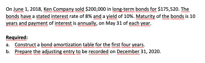 On June 1, 2018, Ken Company sold $200,000 in long-term bonds for $175,520. The
bonds have a stated interest rate of 8% and a yield of 10%. Maturity of the bonds is 10
years and payment of interest is annually, on May 31 of each year.
www.
Required:
a. Construct a bond amortization table for the first four years.
b. Prepare the adjusting entry to be recorded on December 31, 2020.
