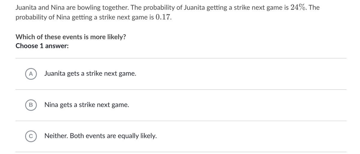 Juanita and Nina are bowling together. The probability of Juanita getting a strike next game is 24%. The
probability of Nina getting a strike next game is 0.17.
Which of these events is more likely?
Choose 1 answer:
А
Juanita gets a strike next game.
Nina gets a strike next game.
Neither. Both events are equally likely.
