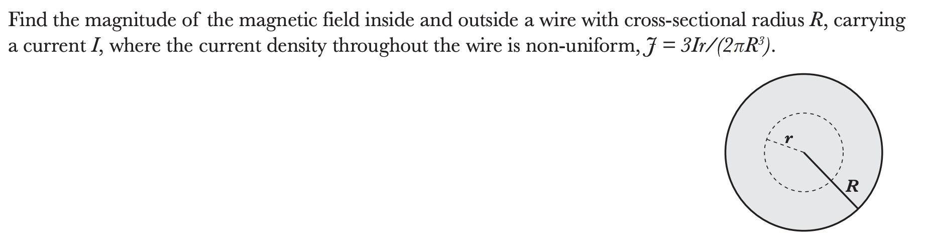 Find the magnitude of the magnetic field inside and outside a wire with cross-sectional radius R, carrying
a current I, where the current density throughout the wire is non-uniform, J = 3Ir/(2nR³).
R
