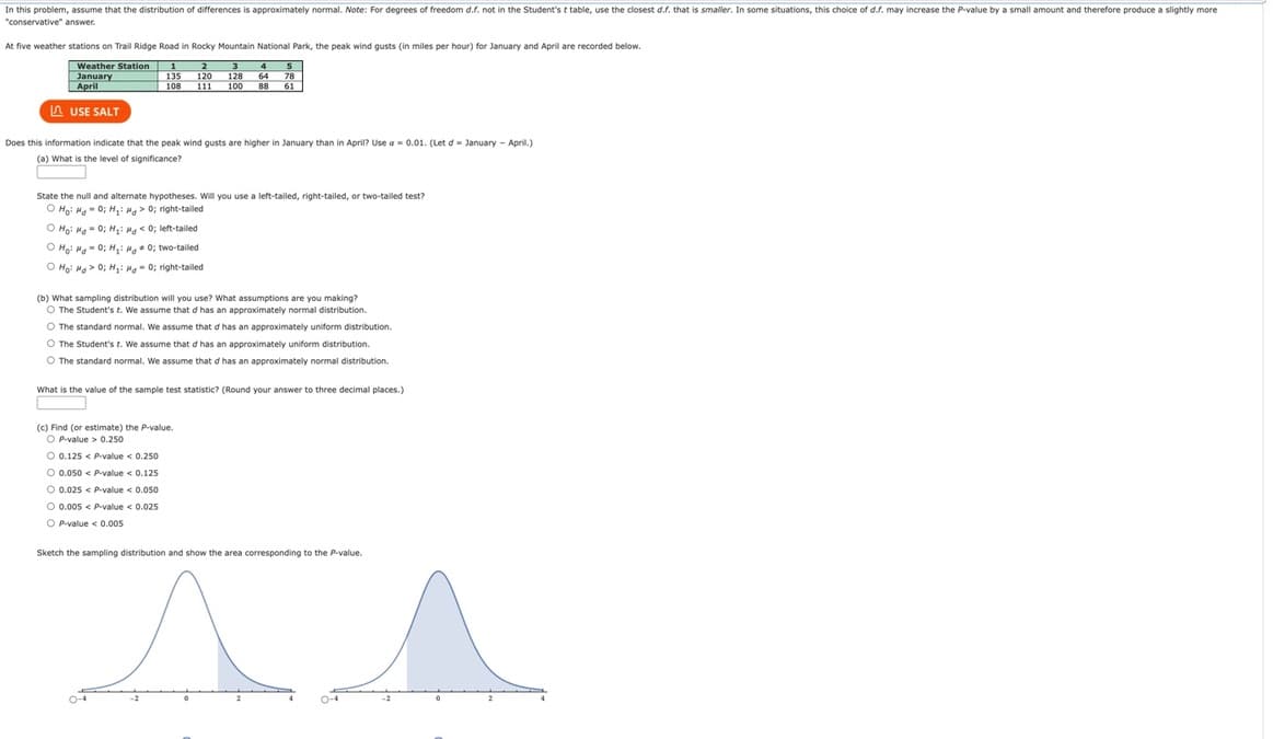 In this problem, assume that the distribution of differences is approximately normal. Note: For degrees of freedom d.f. not in the Student's t table, use the closest d.f. that is smaller. In some situations, this choice of d.f. may increase the P-value by a small amount and therefore produce a slightly more
"conservative" answer.
At five weather stations on Trail Ridge Road in Rocky Mountain National Park, the peak wind gusts (in miles per hour) for January and April are recorded below.
3 4 5
128 64 78
88 61
Weather Station
January
April
LUSE SALT
1 2
135 120
111 100
108
Does this information indicate that the peak wind gusts are higher in January than in April? Use a = 0.01. (Let d January - April.)
(a) What is the level of significance?
State the null and alternate hypotheses. Will you use a left-tailed, right-tailed, or two-tailed test?
Ho: MgO; H₁: Mg> 0; right-tailed
Ho: Mg = 0; M₁: Mg < 0; left-tailed
Ho: Mg0; H₂: Mg0; two-tailed
Hoi Ha> 0; H₁: Mg0; right-tailed
(b) What sampling distribution will you use? What assumptions are you making?
O The Student's t. We assume that d has an approximately normal distribution.
O The standard normal. We assume that d has an approximately uniform distribution.
O The Student's t. We assume that d has an approximately uniform distribution.
O The standard normal. We assume that d has an approximately normal distribution.
What is the value of the sample test statistic? (Round your answer to three decimal places.)
(c) Find (or estimate) the P-value.
OP-value>
> 0.250
O 0.125 < P-value < 0.250
O 0.050 < P-value < 0.125
O 0.025 < P-value < 0.050
O 0.005
< 0.025
O
OP-value < 0.005
Sketch the sampling distribution and show the area corresponding to the P-value.
^
^