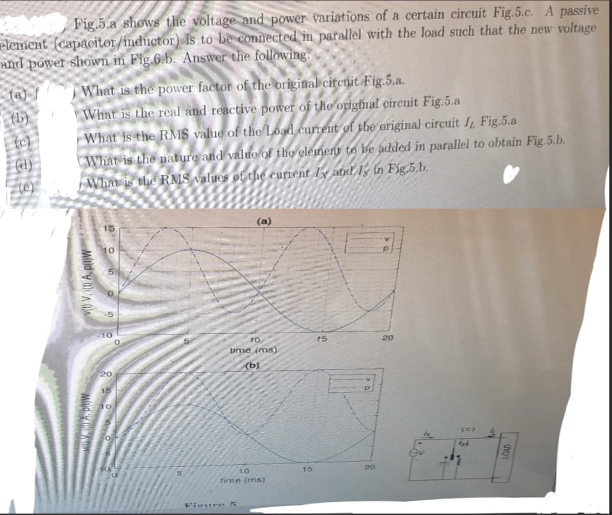 Choo Fig.5.a shows the voltage and power variations of a certain circuit Fig.5.c. A passive
element (capacitor/inductor) is to be connected in parallel with the load such that the new voltage
and power shown in Fig.6.b. Answer the following:
(b)
(c)
What is the power factor of the original circuit Fig.5.a.
What is the real and reactive power of the original circuit Fig.5.a
What is the RMS value of the Load current of the original circuit I, Fig.5.a
What is the nature and value of the element to be added in parallel to obtain Fig.5.b.
What is the RMS values of the current Ix and Is in Fig.5.b.
15
10
-5
-10
20
15
O
O
(a)
10
time (ms)
(b)
10
time (ms)
Fionro 5
15
15
20
20
(c)