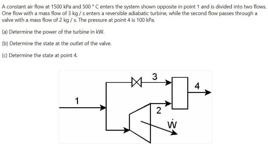 A constant air flow at 1500 kPa and 500 ° C enters the system shown opposite in point 1 and is divided into two flows.
One flow with a mass flow of 3 kg /s enters a reversible adiabatic turbine, while the second flow passes through a
valve with a mass flow of 2 kg / s. The pressure at point 4 is 100 kPa.
(a) Determine the power of the turbine in kW.
(b) Determine the state at the outlet of the valve.
(c) Determine the state at point 4.
3
4
1
2
