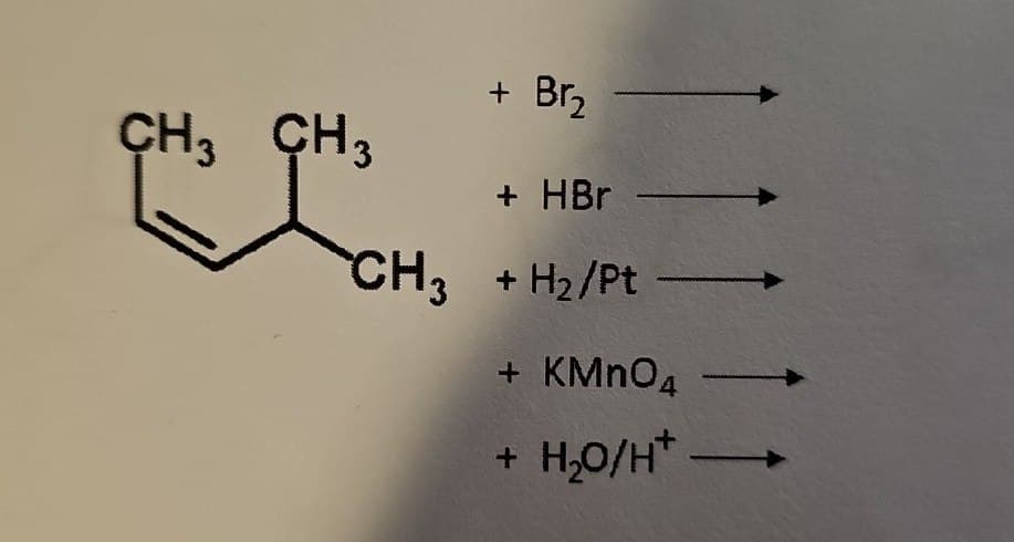 CH 3 CH 3
+ Br₂
+ HBr
CH3 +H2/Pt
+ KMnO4
+ H₂O/H+