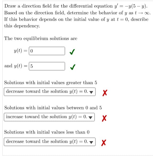 Draw a direction field for the differential equation y'= -y(5-y).
Based on the direction field, determine the behavior of y as t → ∞o.
If this behavior depends on the initial value of y at t = 0, describe
this dependency.
The two equilibrium solutions are
y(t) = 0
and y(t) = 5
Solutions with initial values greater than 5
decrease toward the solution y(t) = 0.
Solutions with initial values between 0 and 5
increase toward the solution y(t)
X
=
X
Solutions with initial values less than 0
decrease toward the solution y(t) = 0.
X