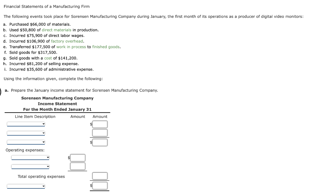 Financial Statements of a Manufacturing Firm
The following events took place for Sorensen Manufacturing Company during January, the first month of its operations as a producer of digital video monitors:
a. Purchased $66,000 of materials.
b. Used $50,800 of direct materials in production.
c. Incurred $75,900 of direct labor wages.
d. Incurred $106,900 of factory overhead.
e. Transferred $177,500 of work in process to finished goods.
f. Sold goods for $317,500.
g. Sold goods with a cost of $141,200.
h. Incurred $81,200 of selling expense.
i. Incurred $35,600 of administrative expense.
Using the information given, complete the following:
a. Prepare the January income statement for Sorensen Manufacturing Company.
Sorensen Manufacturing Company
Income Statement
For the Month Ended January 31
Line Item Description
Operating expenses:
Total operating expenses
Amount Amount