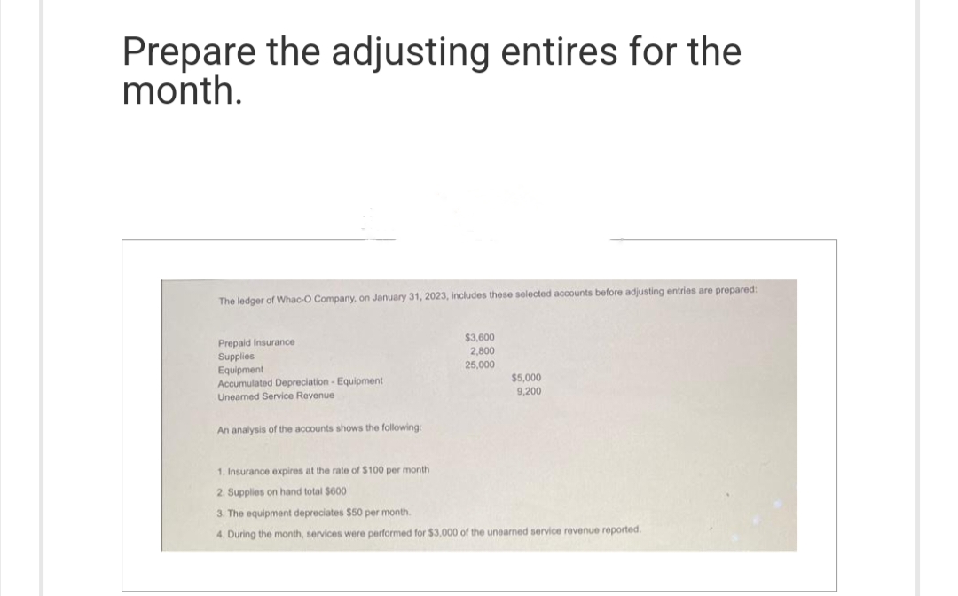 Prepare the adjusting entires for the
month.
The ledger of Whac-O Company, on January 31, 2023, includes these selected accounts before adjusting entries are prepared:
Prepaid Insurance
Supplies
Equipment
Accumulated Depreciation - Equipment
Uneamed Service Revenue
An analysis of the accounts shows the following:
$3,600
2,800
25,000
$5,000
9,200
1. Insurance expires at the rate of $100 per month
2. Supplies on hand total $600
3. The equipment depreciates $50 per month.
4. During the month, services were performed for $3,000 of the unearned service revenue reported.