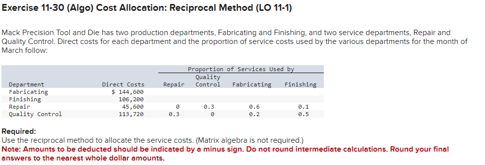 Exercise 11-30 (Algo) Cost Allocation: Reciprocal Method (LO 11-1)
Mack Precision Tool and Die has two production departments, Fabricating and Finishing, and two service departments, Repair and
Quality Control. Direct costs for each department and the proportion of service costs used by the various departments for the month of
March follow:
Department
Fabricating
Finishing
Repair
Quality Control
Direct Costs
$ 144,600
106, 200
45,600
113,720
Repair
0
0.3
Proportion of Services Used by
Quality
Control
Fabricating
0.3
0
0.6
0.2
Finishing
0.1
0.5
Required:
Use the reciprocal method to allocate the service costs. (Matrix algebra is not required.)
Note: Amounts to be deducted should be indicated by a minus sign. Do not round intermediate calculations. Round your final
answers to the nearest whole dollar amounts.