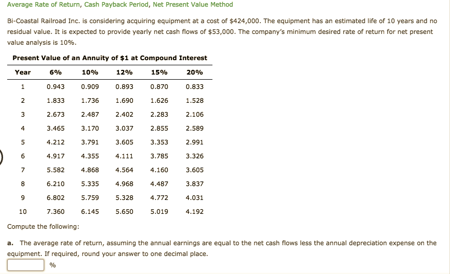 Average Rate of Return, Cash Payback Period, Net Present Value Method
Bi-Coastal Railroad Inc. is considering acquiring equipment at a cost of $424,000. The equipment has an estimated life of 10 years and no
residual value. It is expected to provide yearly net cash flows of $53,000. The company's minimum desired rate of return for net present
value analysis is 10%.
Present Value of an Annuity of $1 at Compound Interest
Year
6%
10%
12%
15%
20%
0.943
0.909
0.893
0.870
0.833
1.833
1.690
1.736
1.626
1.528
2.673
2.487
2.402
2.283
2.106
3.465
3.170
3.037
2.855
2.589
3.791
2.991
4.212
3.605
3.353
4.917
4.355
4.111
3.785
3.326
5.582
4.868
4.564
4.160
3.605
6.210
5.335
4.968
4.487
3.837
4.031
6.802
5.759
5.328
4.772
6.145
5.650
10
7.360
5.019
4.192
Compute the following:
a. The average rate of return, assuming the annual earnings are equal to the net cash flows less the annual depreciation expense on the
equipment. If required, round your answer to one decimal place.
