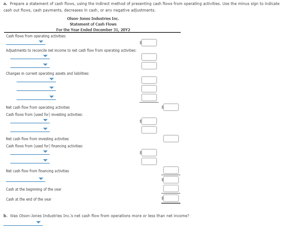 a. Prepare a statement of cash flows, using the indirect method of presenting cash flows from operating activities. Use the minus sign to indicate
cash out flows, cash payments, decreases in cash, or any negative adjustments.
Olson-Jones Industries Inc.
Statement of Cash Flows
For the Year Ended December 31, 20Y2
Cash flows from operating activities:
Adjustments to reconcile net income to net cash flow from operating activities:
Changes in current operating assets and liabilities
Net cash flow from operating activities
Cash flows from (used for) investing activities:
Net cash flow from investing activities
Cash flows from (used for) financing activities:
Net cash flow from financing activities
Cash at the beginning of the year
Cash at the end of the year
b. Was Olson-Jones Industries Inc.'s net cash flow from operations more or less than net income?
