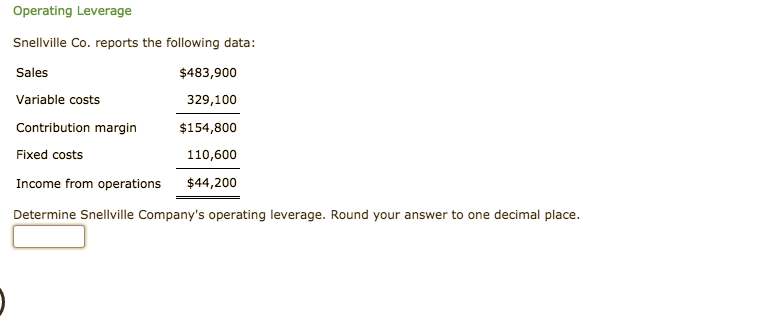 Operating Leverage
Snellville Co. reports the following data:
Sales
$483,900
Variable costs
329,100
Contribution margin
$154,800
Fixed costs
110,600
Income from operations
$44,200
Determine Snellville Company's operating leverage. Round your answer to one decimal place.
