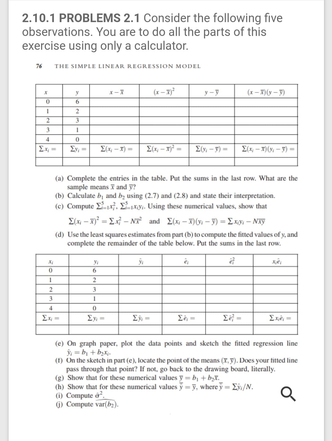 2.10.1 PROBLEMS 2.1 Consider the following five
observations. You are to do all the parts of this
exercise using only a calculator.
76
THE SIMPLE LINEAR REGRESSION MODEL
y
x - I
(x – x)²
y - y
(x – x)(y – F)
-:
6.
1
2
3
1
4
Ey, =
E(x; – x) =
E(x; – x)² =
E(y, – y) =
E(x; – x)(y; – y) =
(a) Complete the entries in the table. Put the sums in the last row. What are the
sample means ī and y?
(b) Calculate b, and bz using (2.7) and (2.8) and state their interpretation.
(c) Compute E-1X, £ì-1x¡yi. Using these numerical values, show that
E(x; – x) = Ex} – Nx and E(x; – x)(y; – y) = Ex,y; – Nxy
(d) Use the least squares estimates from part (b) to compute the fitted values of y, and
complete the remainder of the table below. Put the sums in the last row.
yi
6.
1
2
3
3
1
4
ΣΧ
Ey =
Eŷ =
£ê; =
Ex,ê =
(e) On graph paper, plot the data points and sketch the fitted regression line
ŷi = bị + bɔx;.
(f) On the sketch in part (e), locate the point of the means (x, y). Does your fitted line
pass through that point? If not, go back to the drawing board, literally.
(g) Show that for these numerical values y = b +b,x.
(h) Show that for these numerical values y = y, where y = Evi/N.
Compute ở².
(1) Compute var(b2).
%3D
