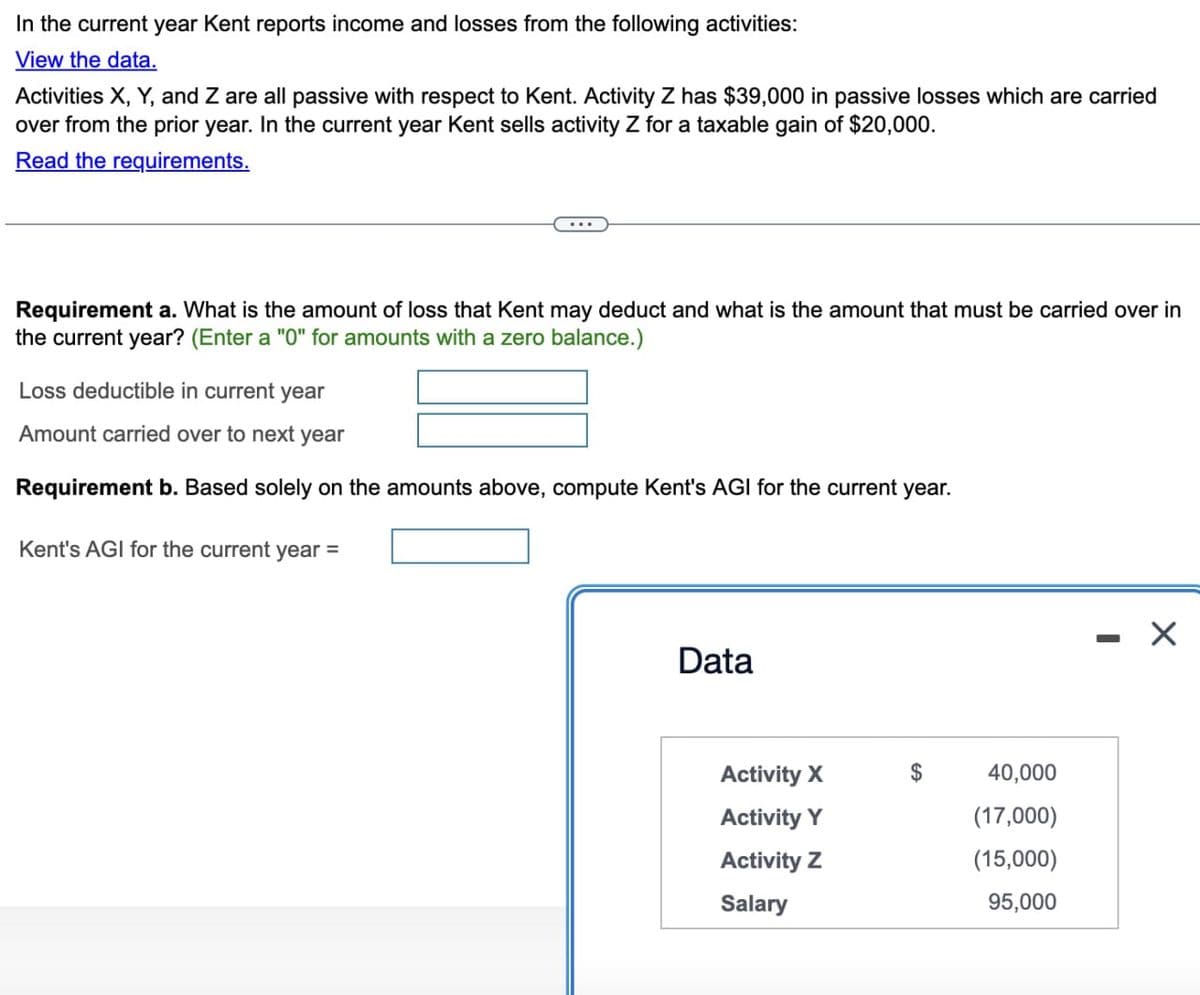 In the current year Kent reports income and losses from the following activities:
View the data.
Activities X, Y, and Z are all passive with respect to Kent. Activity Z has $39,000 in passive losses which are carried
over from the prior year. In the current year Kent sells activity Z for a taxable gain of $20,000.
Read the requirements.
Requirement a. What is the amount of loss that Kent may deduct and what is the amount that must be carried over in
the current year? (Enter a "0" for amounts with a zero balance.)
Loss deductible in current year
Amount carried over to next year
Requirement b. Based solely on the amounts above, compute Kent's AGI for the current year.
Kent's AGI for the current year =
Data
Activity X
$
40,000
Activity Y
(17,000)
Activity Z
(15,000)
Salary
95,000
-
☑