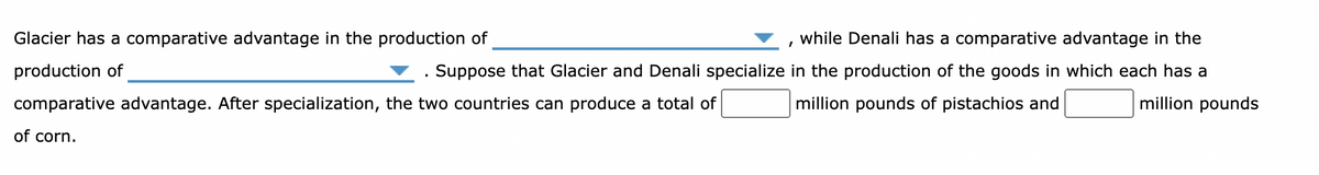 Glacier has a comparative advantage in the production of
production of
Suppose that Glacier and Denali specialize
comparative advantage. After specialization, the two countries can produce a total of
of corn.
.
while Denali has a comparative advantage in the
in the production of the goods in which each has a
million pounds of pistachios and
I
million pounds