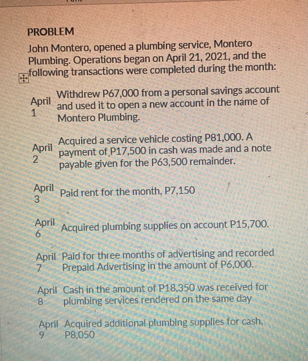 PROBLEM
John Montero, opened a plumbing service, Montero
Plumbing. Operations began on April 21, 2021, and the
following transactions were completed during the month:
田
Withdrew P67,000 from a personal savings account
April
and used it to open a new account in the name of
Montero Plumbing.
Acquired a service vehicle
April
payment of P17,500 in cash was made and a note
osting P81,000. A
payable given for the P63,500 remainder.
April
Paid rent for the month, P7,150
April
Acquired plumbing supplies on account P15,700.
6.
April Paid for three months of advertising and recorded
Prepaid Advertising in the amount of P6,000.
April Cash in the amount of P18,350 was received for
plumbing services rendered on the same day
April Acquired additional plumbing supplies for cash,
6.
P8,050
2.
