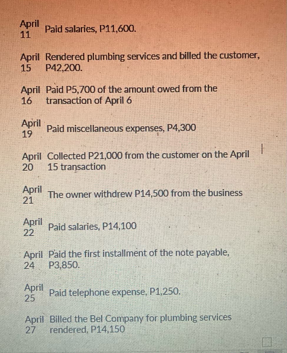 April
Paid salaries, P11,600.
11
April Rendered plumbing services and billed the customer,
15
P42,200.
April Paid P5,700 of the amount owed from the
16
transaction of April 6
April
Paid miscellaneous expenses, P4,300
19
April Collected P21,000 from the customer on the April
20
15 transaction
April
The owner withdrew P14,500 from the business
21
April
Paid salaries, P14,100
22
April Paid the first installment of the note payable,
24
P3,850.
April
Paid telephone expense, P1,250.
25
April Billed the Bel Company for plumbing services
27
rendered, P14,150
