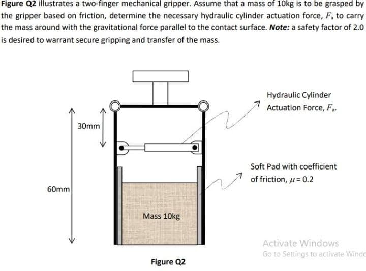 Figure Q2 illustrates a two-finger mechanical gripper. Assume that a mass of 10kg is to be grasped by
the gripper based on friction, determine the necessary hydraulic cylinder actuation force, F, to carry
the mass around with the gravitational force parallel to the contact surface. Note: a safety factor of 2.0
is desired to warrant secure gripping and transfer of the mass.
Hydraulic Cylinder
Actuation Force, F
30mm
Soft Pad with coefficient
of friction, u= 0.2
60mm
Mass 10kg
Activate Windows
Go to Settings to activate Winde
Figure Q2
