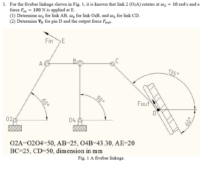 1. For the fivebar linkage shown in Fig. 1, it is known that link 2 (O2A) rotates at w,
force Fim = 100 N is applied at E.
(1) Determine w, for link AB, w, for link O4B, and ws for link CD.
(2) Determine Vp for pin D and the output force Fout.
10 rad/s and a
Fin
A
135°
90°
Fouf
D
04
02
O2A=0204-50, AB-25, 04B-43.30, AE-20
BC-25, CD-50, dimension in mm
Fig. 1 A fivebar linkage.
60°
