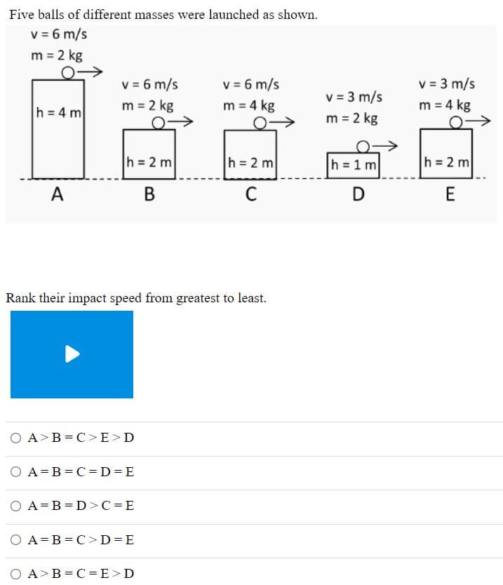 Five balls of different masses were launched as shown.
v = 6 m/s
m = 2 kg
v = 3 m/s
v = 6 m/s
m = 2 kg
v = 6 m/s
v = 3 m/s
h = 4 m
m = 4 kg
m 4 kg
m = 2 kg
h = 2 m
h = 2 m
h = 1 m
h 2 m
A
В
C
D
Rank their impact speed from greatest to least.
O A>B = C>E>D
O A= B = C = D=E
O A=B = D>C =E
O A=B = C >D=E
O A>B = C = E>D
