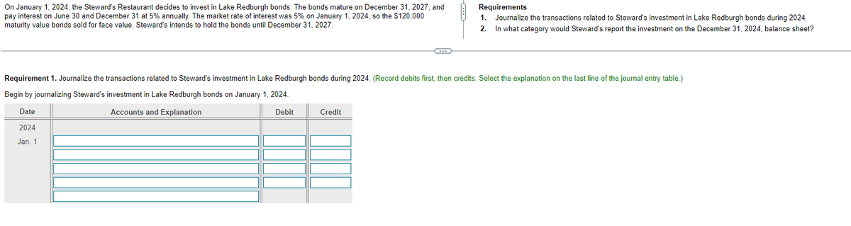 On January 1, 2024, the Steward's Restaurant decides to invest in Lake Redburgh bonds. The bonds mature on December 31, 2027, and
pay interest on June 30 and December 31 at 5% annually. The market rate of interest was 5% on January 1, 2024, so the $120,000
maturity value bonds sold for face value. Steward's intends to hold the bonds until December 31, 2027.
Requirements
1. Journalize the transactions related to Steward's investment in Lake Redburgh bonds during 2024.
In what category would Steward's report the investment on the December 31, 2024, balance sheet?
2.
Requirement 1. Journalize the transactions related to Steward's investment in Lake Redburgh bonds during 2024. (Record debits first, then credits. Select the explanation on the last line of the journal entry table.)
Begin by journalizing Steward's investment in Lake Redburgh bonds on January 1, 2024.
Accounts and Explanation
Debit
Date
2024
Jan. 1
Credit