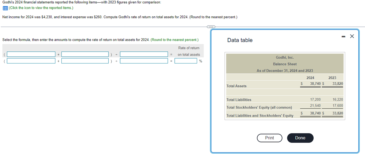 Godhi's 2024 financial statements reported the following items with 2023 figures given for comparison:
(Click the icon to view the reported items.)
Net income for 2024 was $4,230, and interest expense was $260. Compute Godhi's rate of return on total assets for 2024. (Round to the nearest percent.)
Select the formula, then enter the amounts to compute the rate of return on total assets for 2024. (Round to the nearest percent.)
Rate of return
on total assets
%
C
Data table
Total Assets
Godhi, Inc.
Balance Sheet
As of December 31, 2024 and 2023
2024
Total Liabilities
Total Stockholders' Equity (all common)
Total Liabilities and Stockholders' Equity
Print
S
S
Done
38,740 $
17,200
21,540
38,740 S
2023
33,820
16,220
17,600
33,820