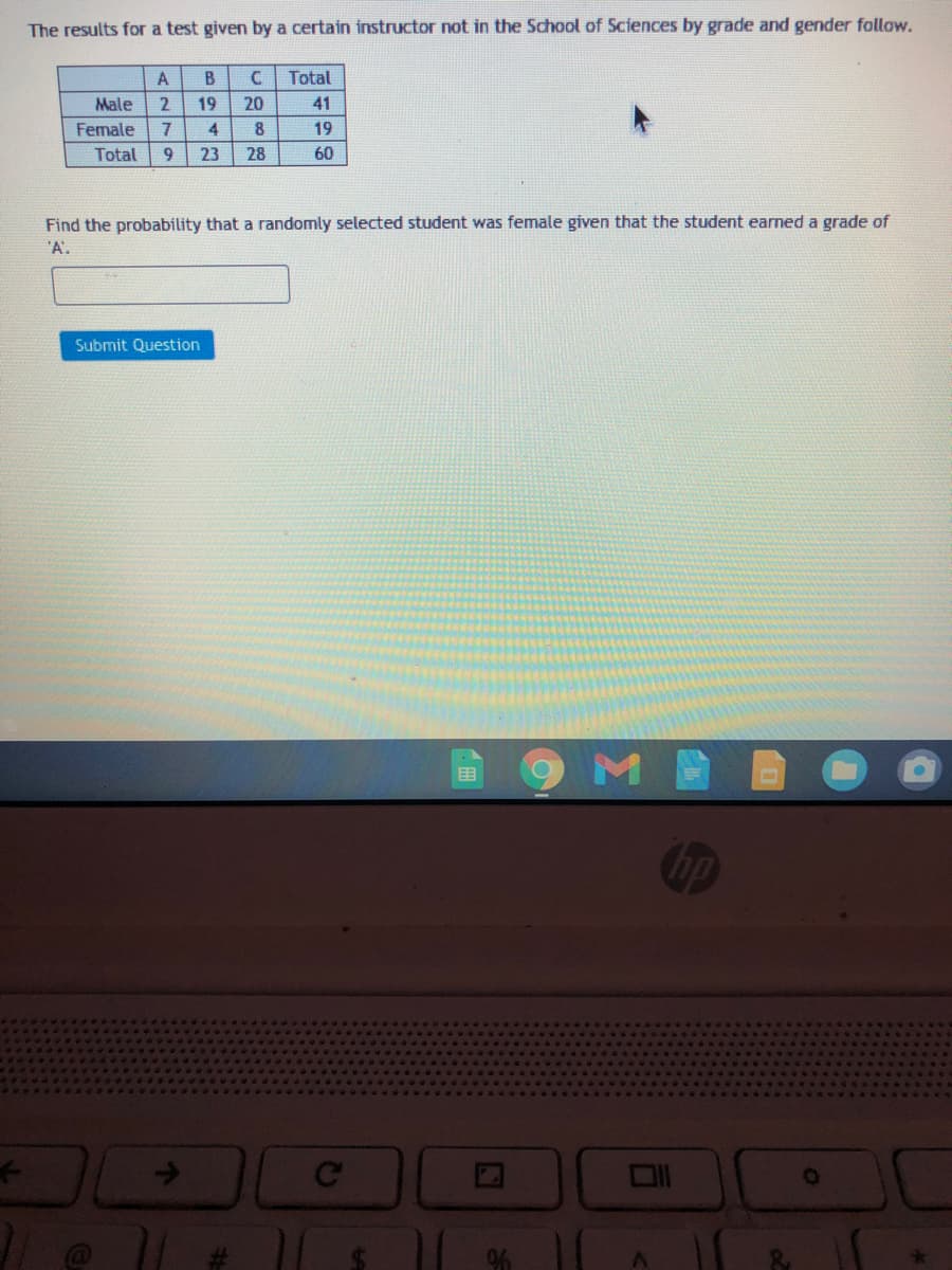 The results for a test given by a certain instructor not in the School of Sciences by grade and gender follow.
B.
Total
Male
19
20
41
Female
7
4
8
19
Total
9
23
28
60
Find the probability that a randomly selected student was female given that the student earned a grade of
'A'.
Submit Question
hp
Ce
