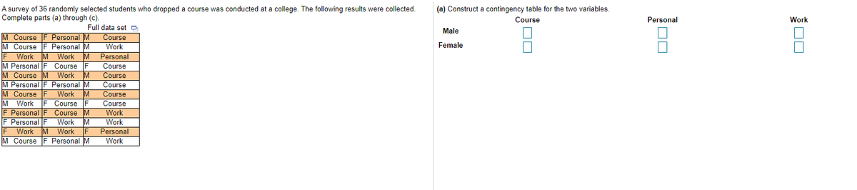 A survey of 36 randomly selected students who dropped a course was conducted at a college. The following results were collected.
Complete parts (a) through (c).
(a) Construct a contingency table for the two variables.
Course
Personal
Work
Full data set O
Male
M Course F Personal M
M Course F Personal M
Work M Work M
M Personal F Course F
M Course M Work M
M Personal F Personal M
M Course F Work M
M Work
F Personal F Course M
F Personal F Work M
F Work M Work
M Course F Personal M
Course
Work
IM Personal
Female
F
Course
Course
Course
Course
Course
Work
Work
Personal
Work
F Course F
IF
