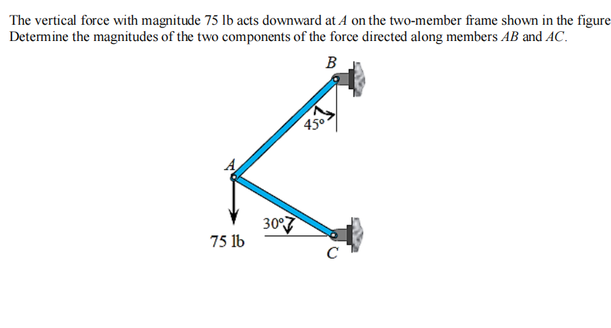 The vertical force with magnitude 75 lb acts downward at A on the two-member frame shown in the figure
Determine the magnitudes of the two components of the force directed along members AB and AC.
B
45°
A
30°7
75 lb
