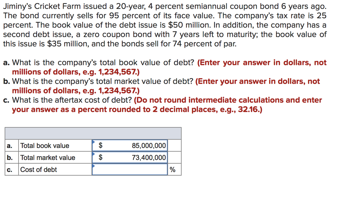 Jiminy's Cricket Farm issued a 20-year, 4 percent semiannual coupon bond 6 years ago.
The bond currently sells for 95 percent of its face value. The company's tax rate is 25
percent. The book value of the debt issue is $50 million. In addition, the company has a
second debt issue, a zero coupon bond with 7 years left to maturity; the book value of
this issue is $35 million, and the bonds sell for 74 percent of par.
a. What is the company's total book value of debt? (Enter your answer in dollars, not
millions of dollars, e.g. 1,234,567.)
b. What is the company's total market value of debt? (Enter your answer in dollars, not
millions of dollars, e.g. 1,234,567.)
c. What is the aftertax cost of debt? (Do not round intermediate calculations and enter
your answer as a percent rounded to 2 decimal places, e.g., 32.16.)
a.
Total book value
b. Total market value
C. Cost of debt
85,000,000
73,400,000
%