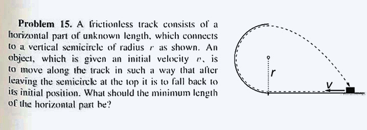 Problem 15. A frictionless track consists of a
horizontal part of unknown length, which connects
to a vertical semicircle of radius r as shown. An
object, which is given an initial velocity e, is
to move along the track in such a way that alter
leaving the semicirele at the top it is to fall back to
its initial position. What should the minimum length
of the horizontal part be?
r
