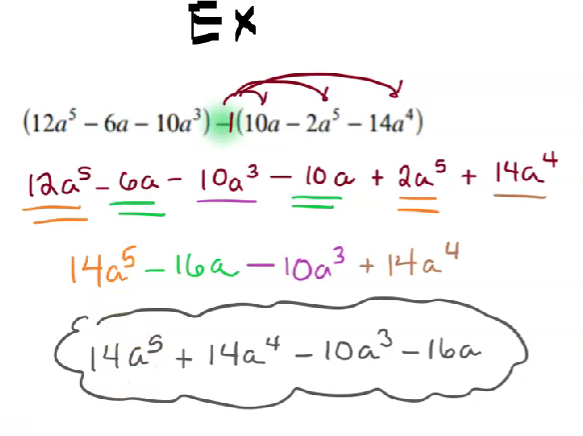 Ex
(12а5 - ба - 10a3) -(10a - 2a5 - 14a²)
12a5_bа- 1003 - 10 a + 2а5 + 14а
нач
1405 -160-1003 + нач
1405 + 1424 -10 а3 -16а