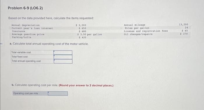 25
Problem 6-9 (LO6.2)
Based on the data provided here, calculate the items requested:
Annual depreciation
Current year's loan interest
Insurance
Average gasoline price
Parking/tolls
a. Calculate total annual operating cost of the motor vehicle.
Total variable cost
Total fixed cost
Total annual operating cost
$ 2,500
$ 650
$ 680
$ 3.50 per gallon
$ 420
b. Calculate operating cost per mile. (Round your answer to 2 decimal places.)
Operating cost per mile
Annual mileage
Miles per gallon
License and registration fees
Oil changes/repairs
13,200
24
$ 65
$ 370