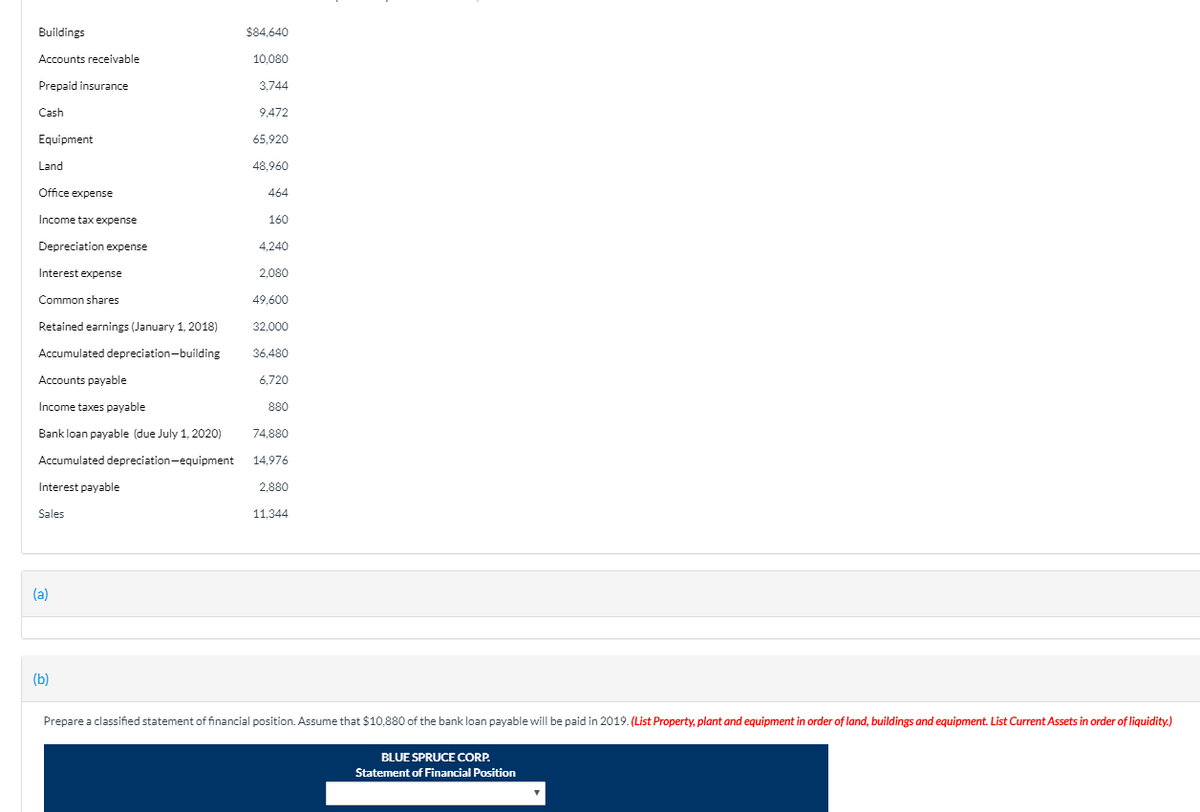 Buildings
Accounts receivable
Prepaid insurance
Cash
Equipment
Land
Office expense
Income tax expense
Depreciation expense
Interest expense
Common shares
Retained earnings (January 1, 2018)
Accumulated depreciation-building
Accounts payable
Income taxes payable
Bank loan payable (due July 1, 2020)
Accumulated depreciation-equipment
Interest payable
Sales
(a)
(b)
$84.640
10,080
3,744
9,472
65,920
48,960
464
160
4,240
2,080
49,600
32,000
36,480
6,720
880
74,880
14,976
2,880
11.344
Prepare a classified statement of financial position. Assume that $10,880 of the bank loan payable will be paid in 2019. (List Property, plant and equipment in order of land, buildings and equipment. List Current Assets in order of liquidity.)
BLUE SPRUCE CORP.
Statement of Financial Position